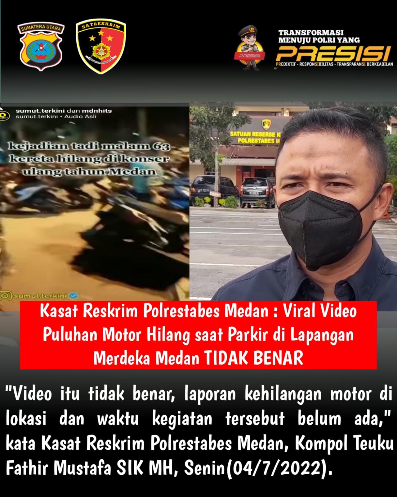 Kasat Reskrim Polrestabes Medan Bantah Video Viral Puluhan Motor Hilang saat Parkir di Lapangan Merdeka Medan