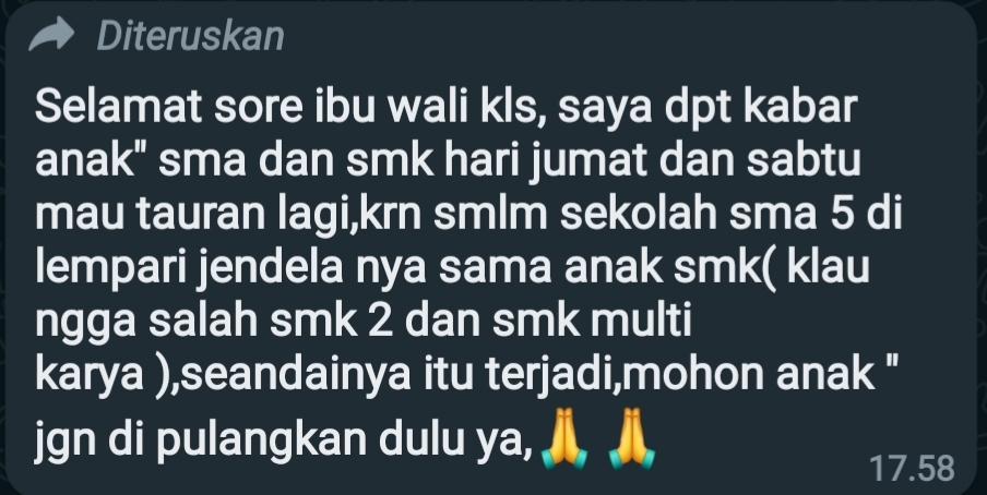 Orang Tua Wali Murid SMPN 3 Medan Resah, Aksi Tawuran Lanjutan Pelajar Beredar di WhatsApp
