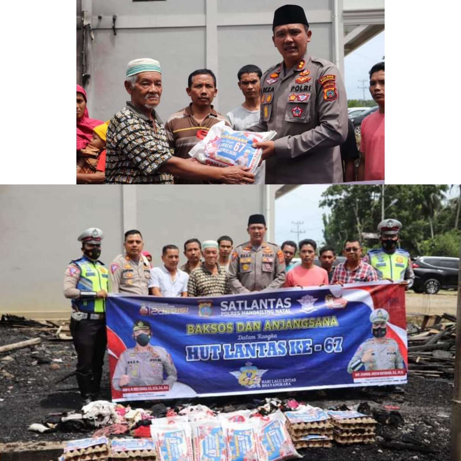 KAPOLRES MADINA BERIKAN BANTUAN SEMBAKO KEPADA KORBAN KEBAKARAN DALAM RANGKA HUT LALU LINTAS KE-67