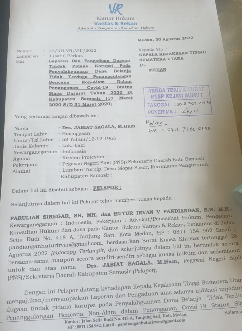 Jabiat Sagala Laporkan Mantan Bupati Samosir Rapidin Simbolon ke Kejatisu
