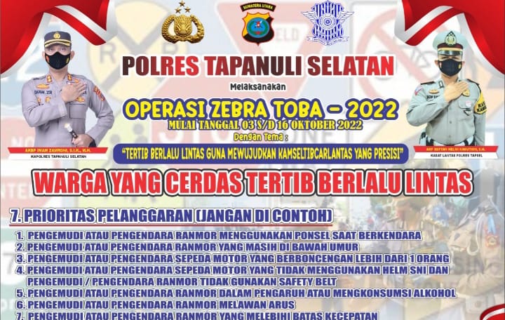 7 Jenis Pelanggaran Ini Jadi Fokus Operasi Zebra 2022 di Wilkum Polres Tapsel
