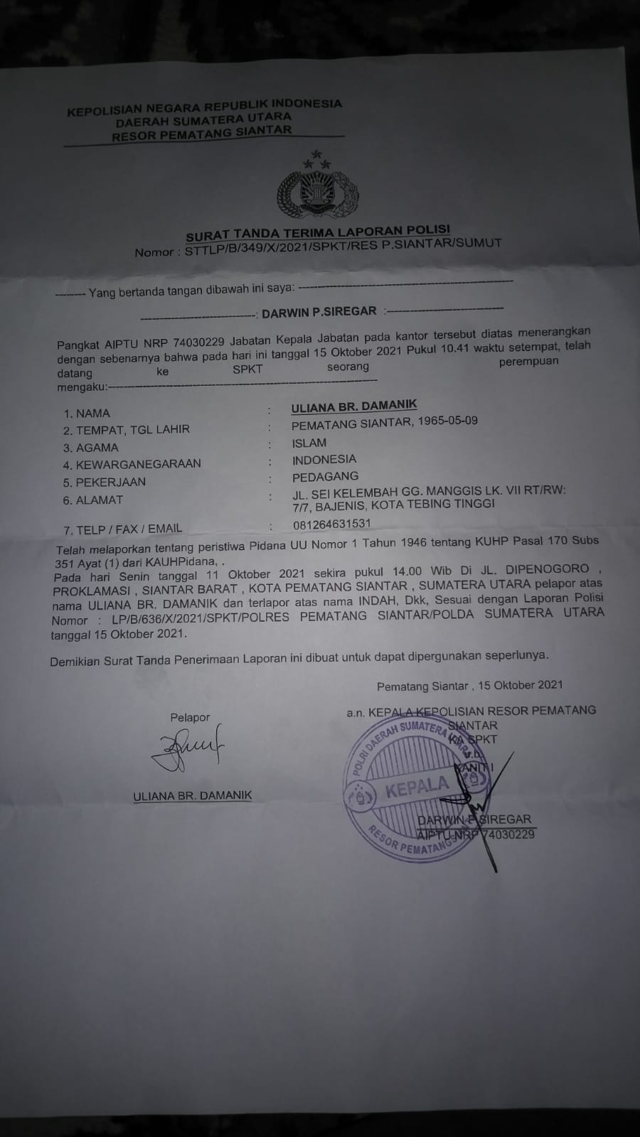 Uliana Damanik Orangtua Korban minta Polda Sumut Turun Tangan Â Â 