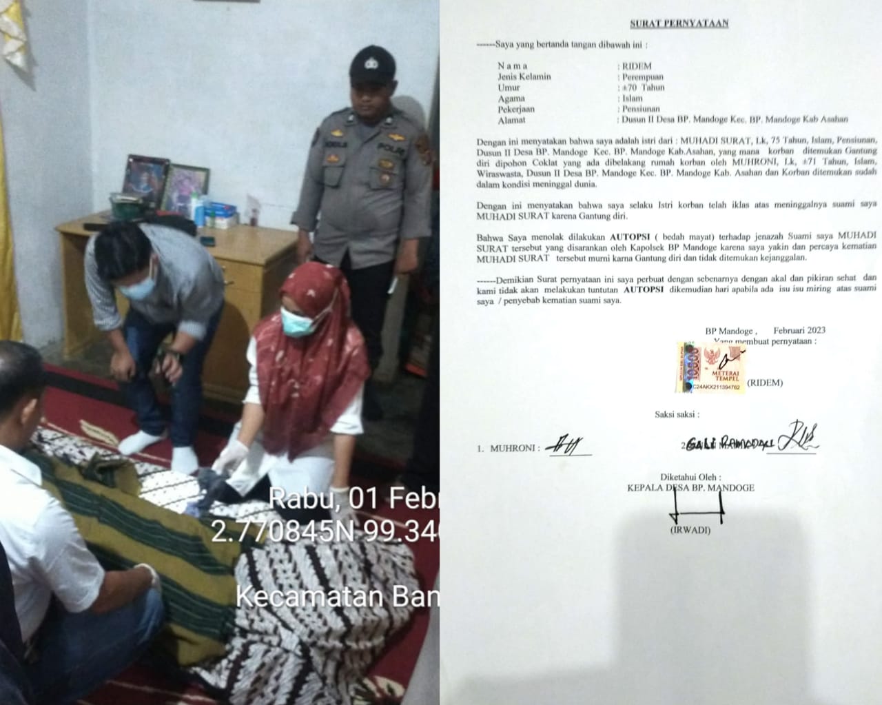 Tidak Tahan Penyakit Asam Lambung, Warga Bandar Pasir Mandoge Gantung Diri Dipohon Coklat