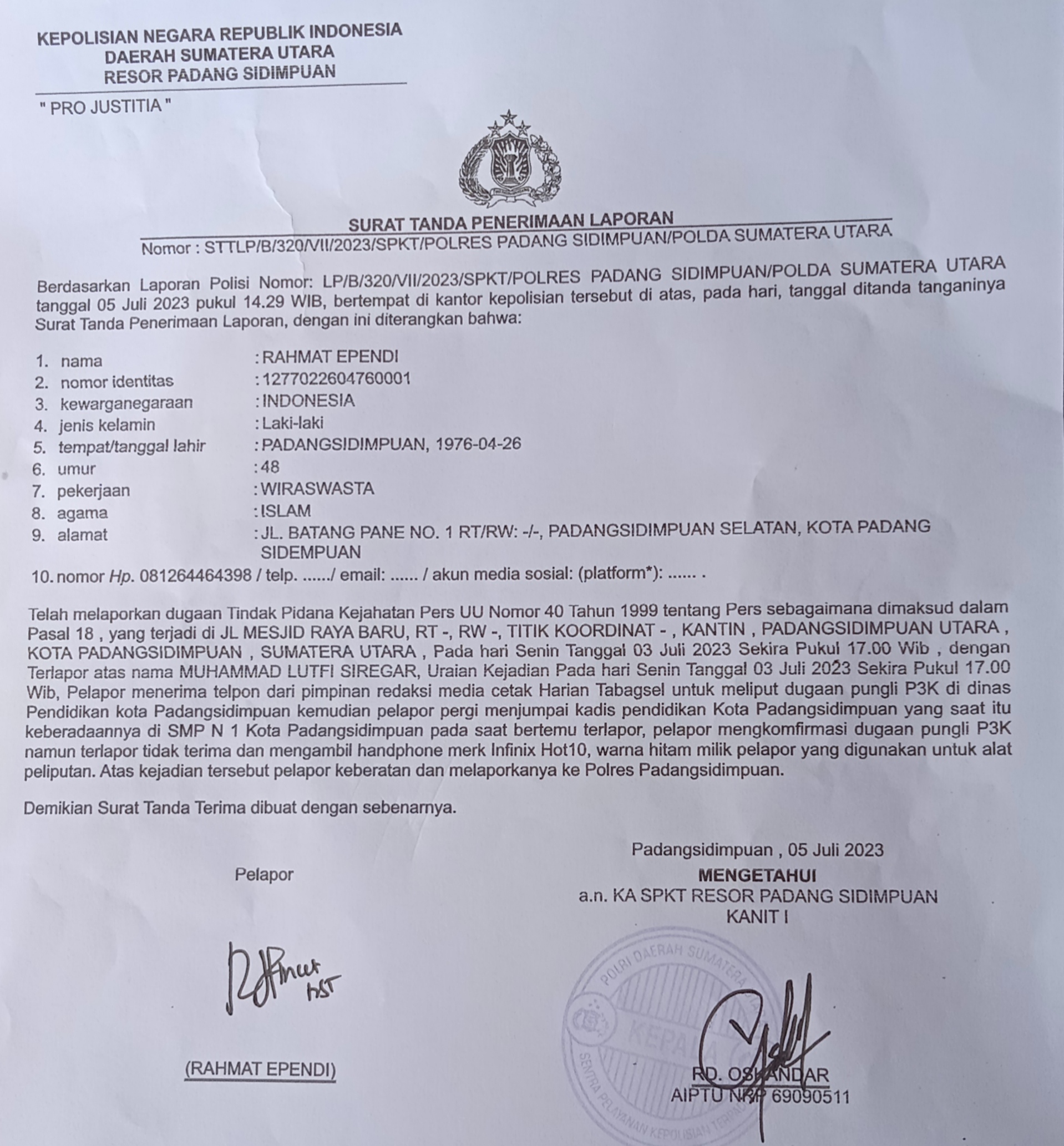 Terkait Dugaan Pungli P3K, Jurnalis Laporkan Kadis Pendidikan Lutfi Siregar Ke Polres Padangsidimpuan