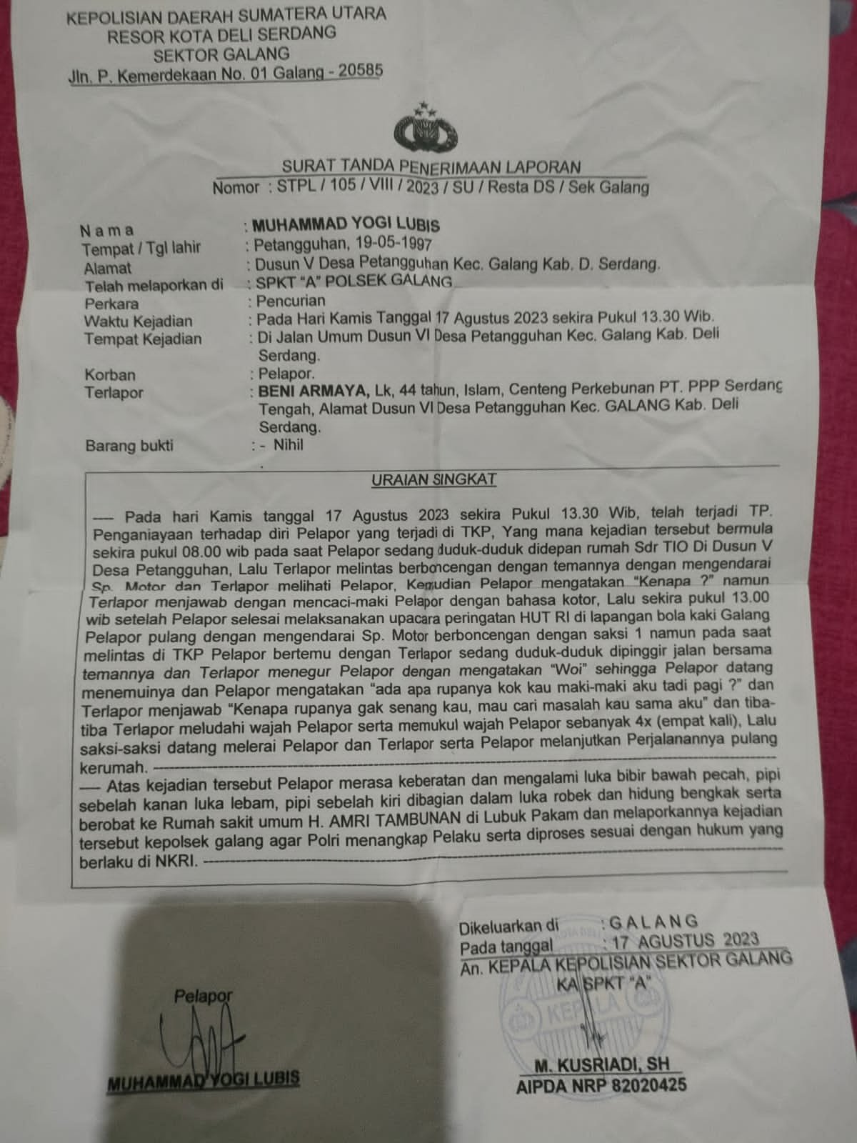 Penangguhan Penahanan Pelaku Penganiayaan Dikabulkan Polsek Galang, Korban Kecewa dan Resah