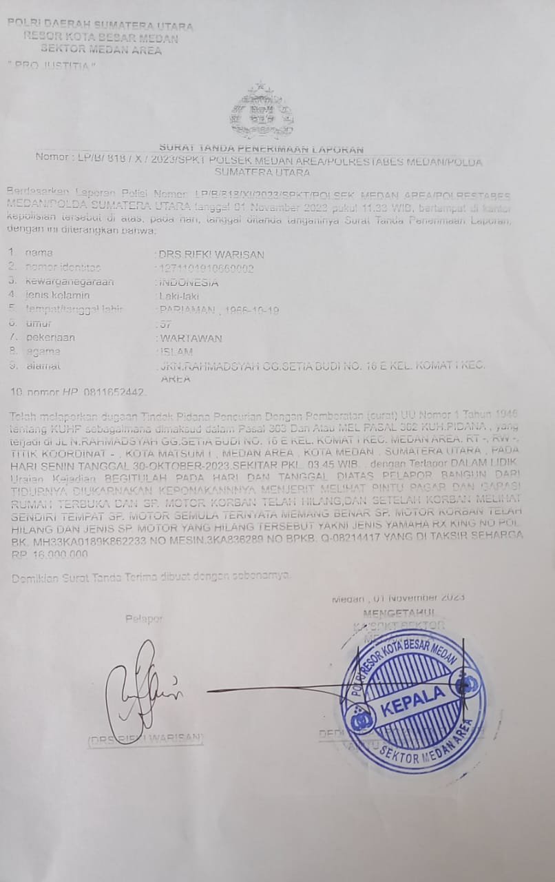 Rumah Dibobol Maling, Sepeda Motor Wakil Ketua PWI Sumut Raib