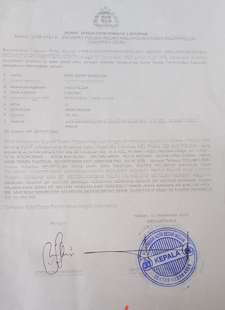 Rumah Dibobol Maling, Sepeda Motor Wakil Ketua PWI Sumut Raib