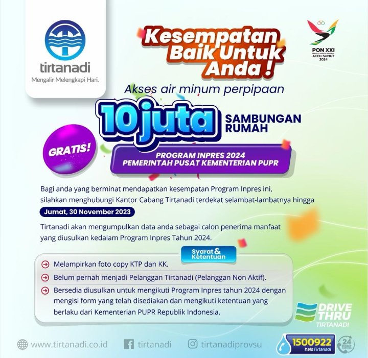 Perumda Tirtanadi Mendukung Pelaksanaan Pogram Inpres 2024 10 Juta Sambungan Rumah Gratis