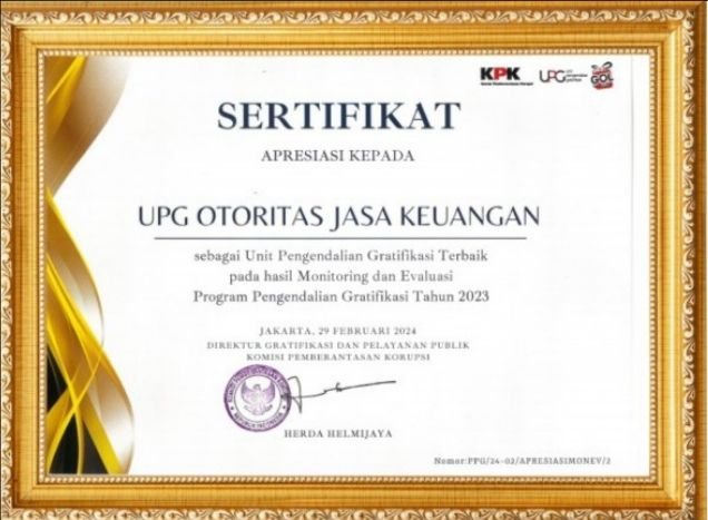 OJK Raih Penghargaan Pengendalian Gratifikasi Terbaik Nasional