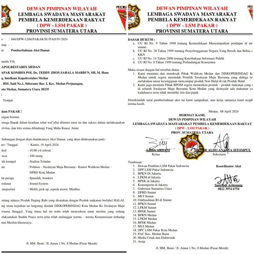 LSM PAKAR Akan Melakukan Aksi Damai di Swalayan Maju Bersama Terkait Daging Babi Dijual Bersamaan Dengan Produk Berlebel Halal