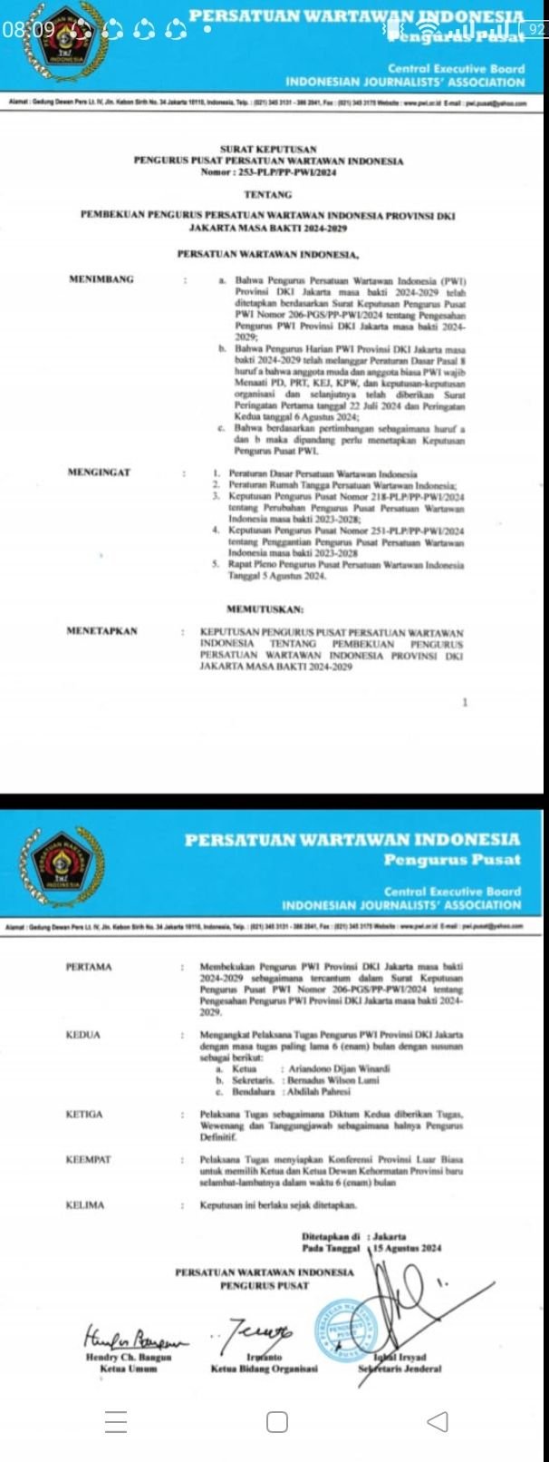 Tegas, Hendry Ch Bangun Umumkan Pembekuan PWI Prov Jakarta dan Enam Provinsi Diberi Peringatan Keras