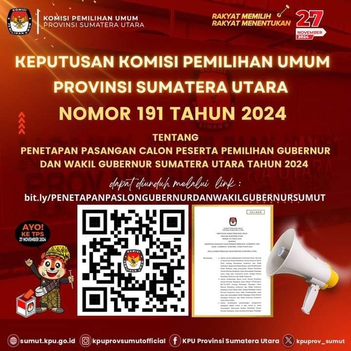 Pilgubsu 2024 : KPU Tetapkan Dua Paslon Gubernur dan Wakil Guburnur Sumut