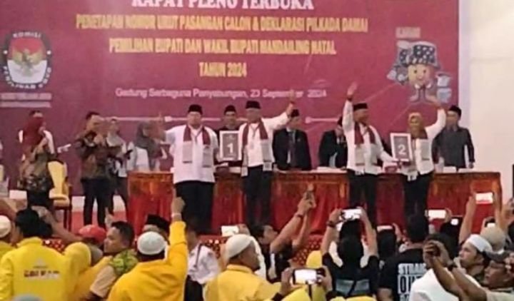 KPU Madina Rapat Pleno Terbuka dalam Pengundian Nomor Urut Pilkada 2024,Nomor 1 Paslon ON-MA dan Nomor 2 SAHATA.