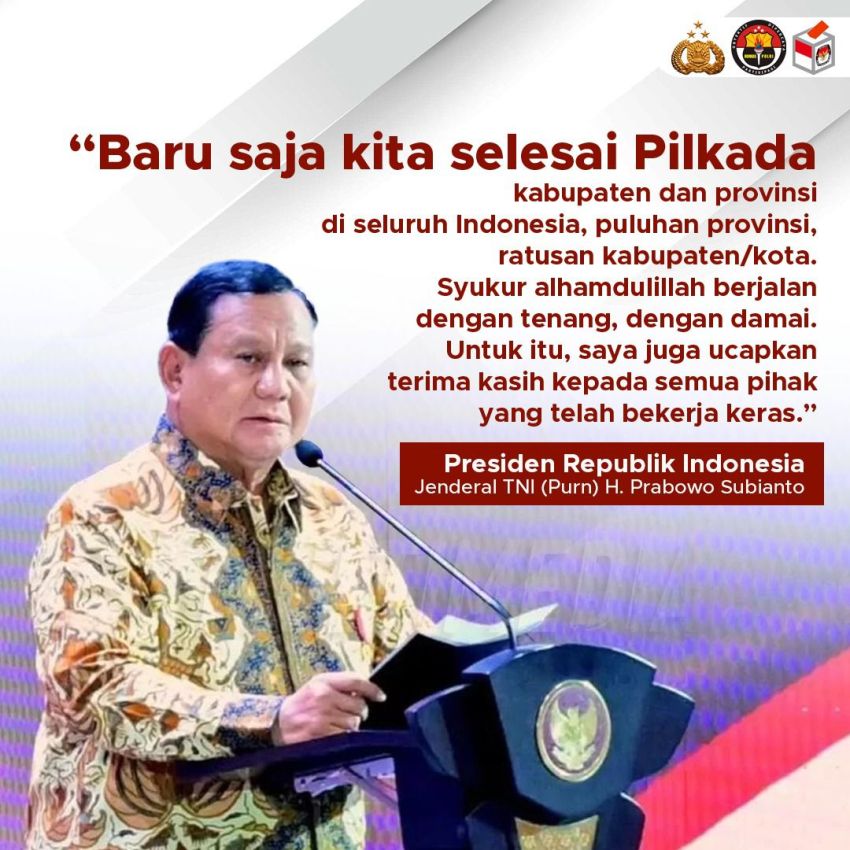 Prabowo Apresiasi Pilkada Serentak 2024 yang Berjalan Damai dan Lancar