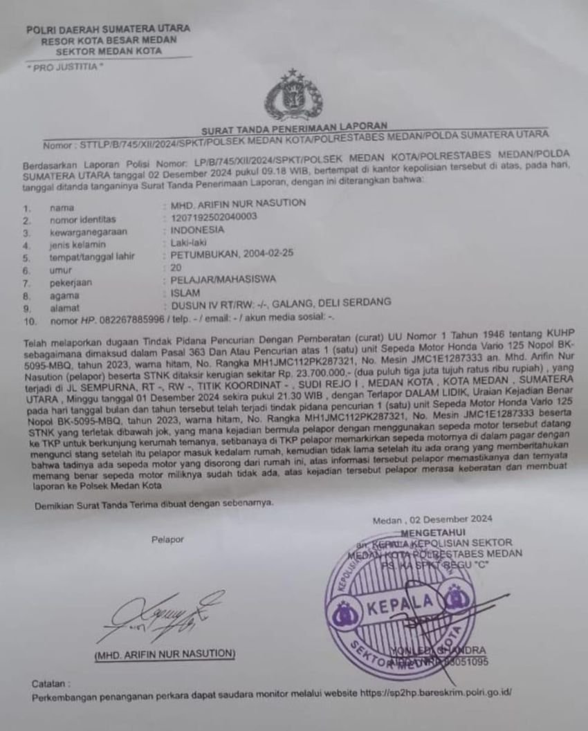 Parkir Di Kontrakan Teman  Sepeda Motor Mahasiswa UT Raib Digondol Maling