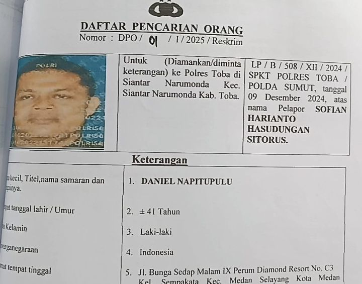 Ditetapkan DPO Kasus Penculikan Pejabat Toba, Tersangka Inisial DN kini Diburu Polisi