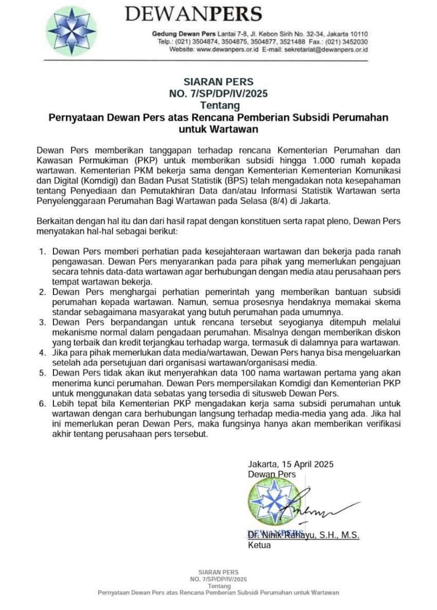 Inilah Pernyataan Dewan Pers soal rumah subsidi Untuk Wartawan