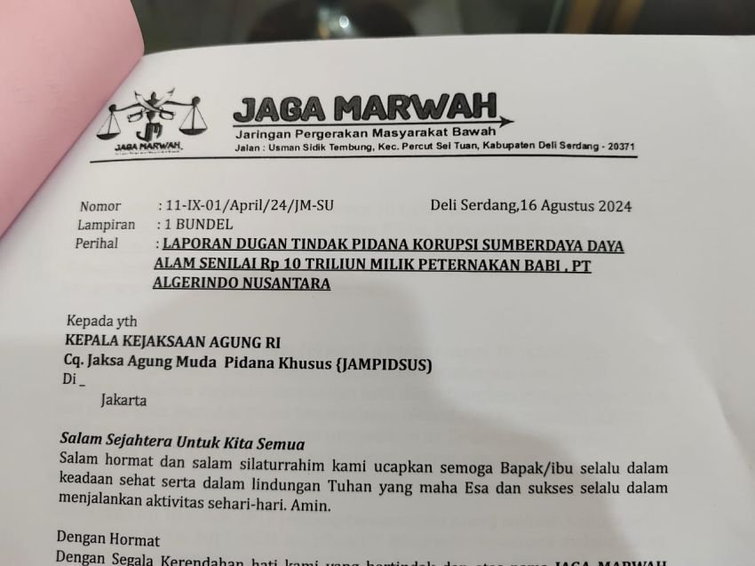 JAGA MARWAH Laporkan Peternakan Babi PT Allegrindo ke Kejagung RI