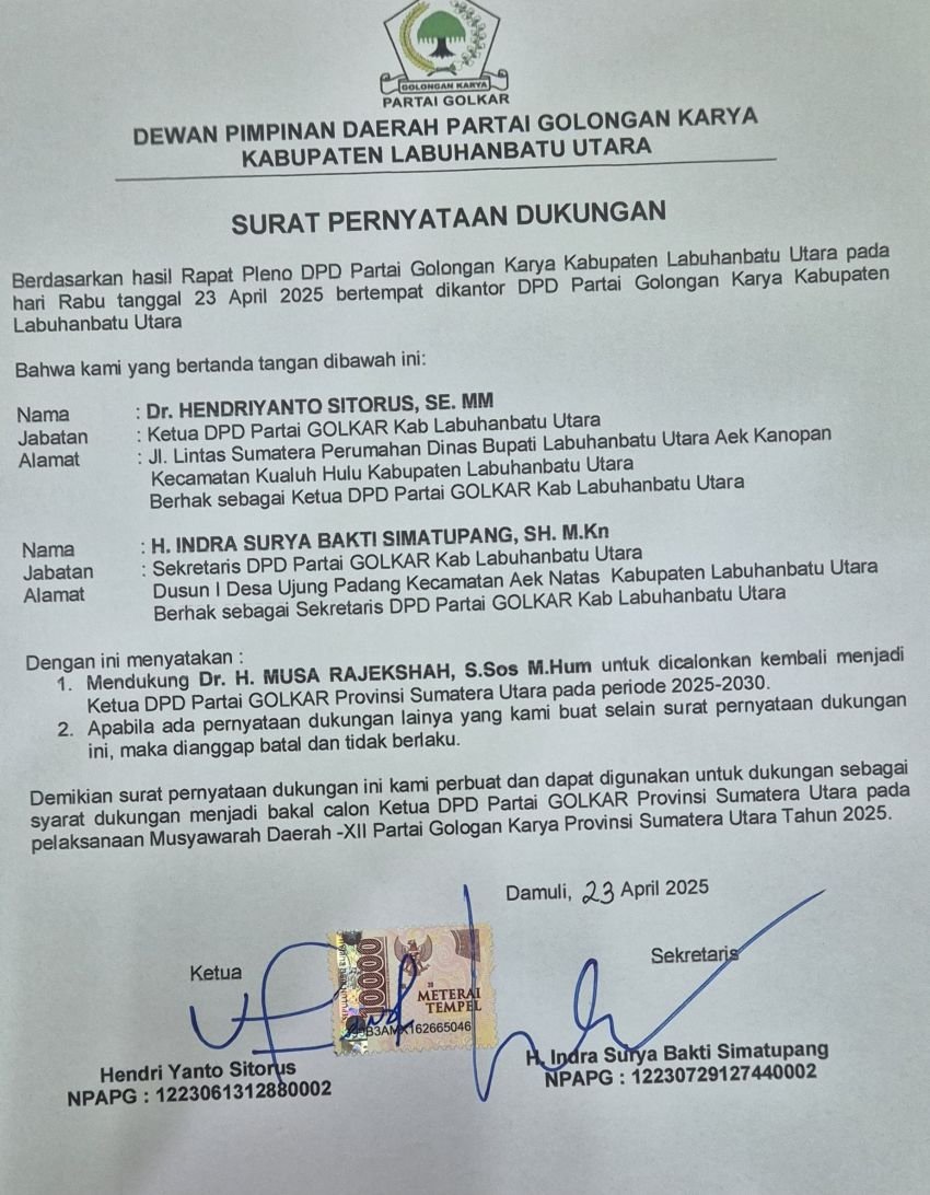 Beredar Surat Dukungan, DPD Golkar Labura Resmi Usung H. Musa Rajekshah Kembali Jadi Ketua Golkar Sumut