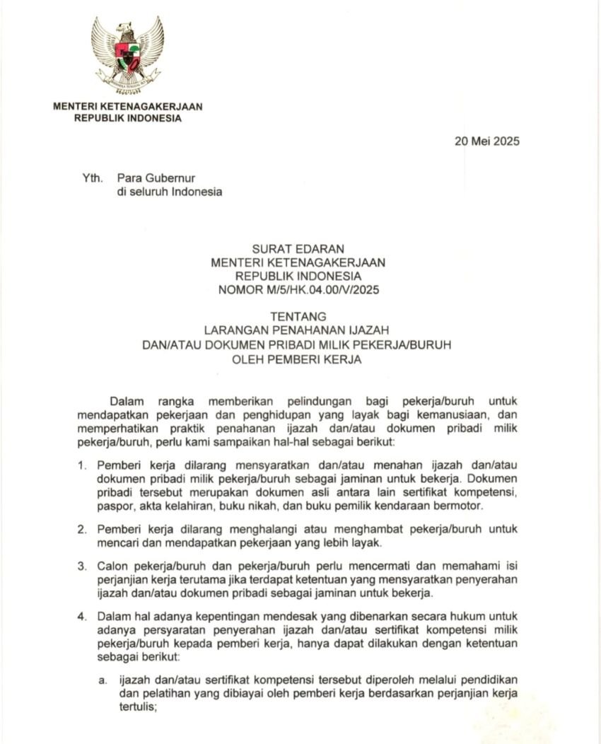 Menaker Larang Penahanan Ijazah dan Dokumen Pribadi Pekerja oleh Perusahaan