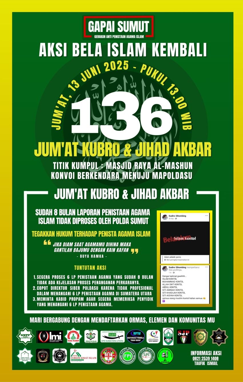 Massa Akan Gelar Aksi Bela Islam di Medan, Desak Polda Sumut Usut Dugaan Penistaan Agama