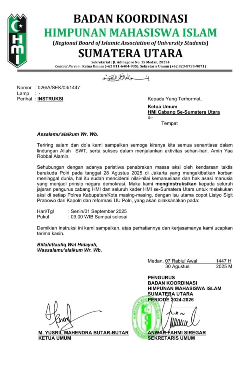 Badko HMI Sumut Instruksikan Aksi Serentak, Desak Kapolri Dicopot