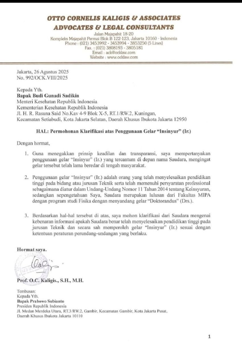 OC Kaligis Pertanyakan Gelar “Insinyur” Menteri Kesehatan Budi Gunadi Sadikin