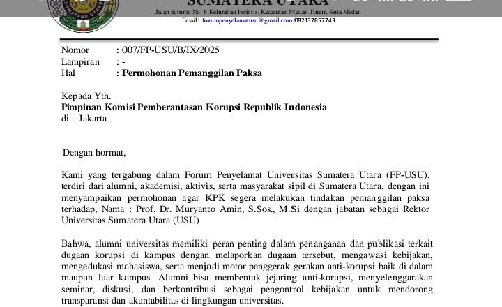 Forum Penyelamat USU Minta KPK Lakukan Pemanggilan Paksa Rektor