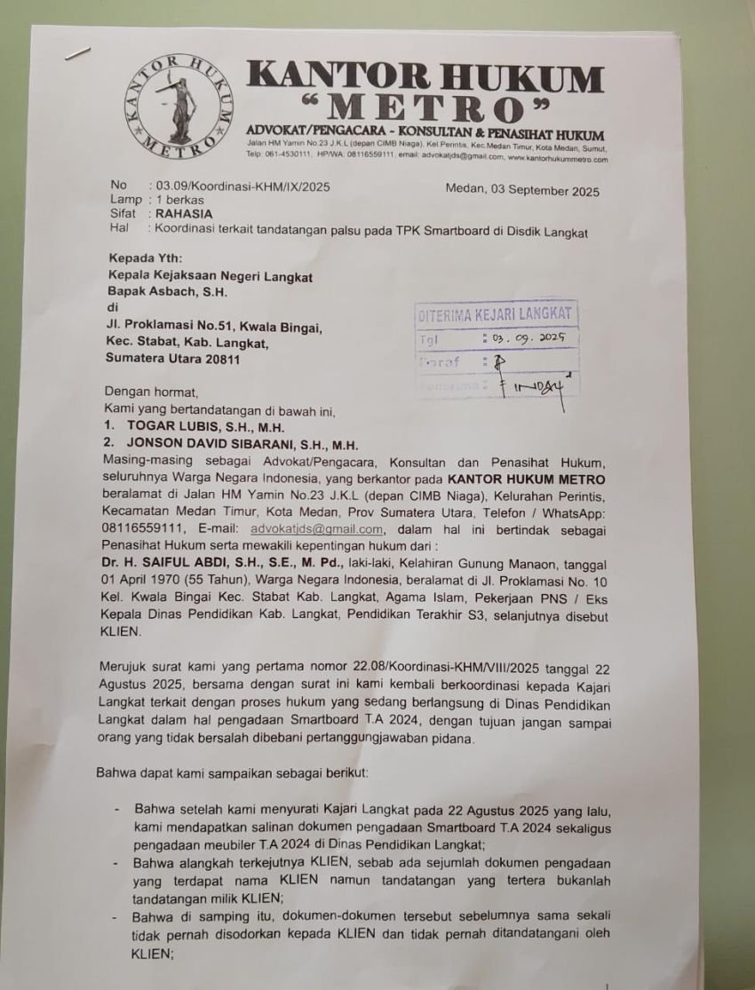 Dugaan Pemalsuan Tanda Tangan di Disdik Langkat, Kuasa Hukum Laporkan ke Kejari