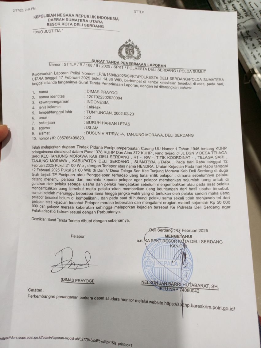 Kasus Penipuan Rp50 Juta Mandek, Polres Deli Serdang Diminta Tangkap Pelaku