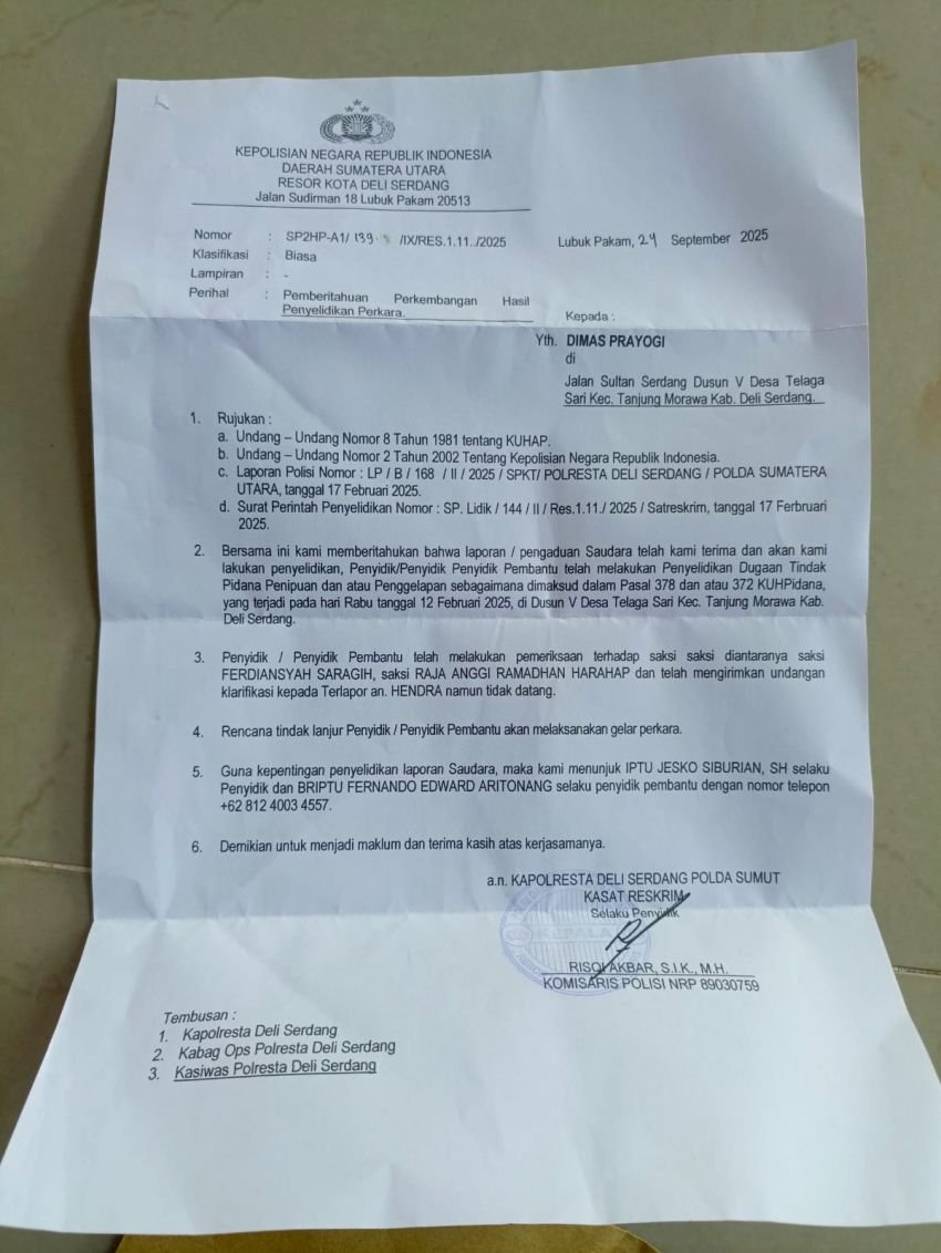 Polresta Deli Serdang Lanjutkan Penyelidikan Kasus Dugaan Penggelapan Dilaporkan Dimas Prayogi