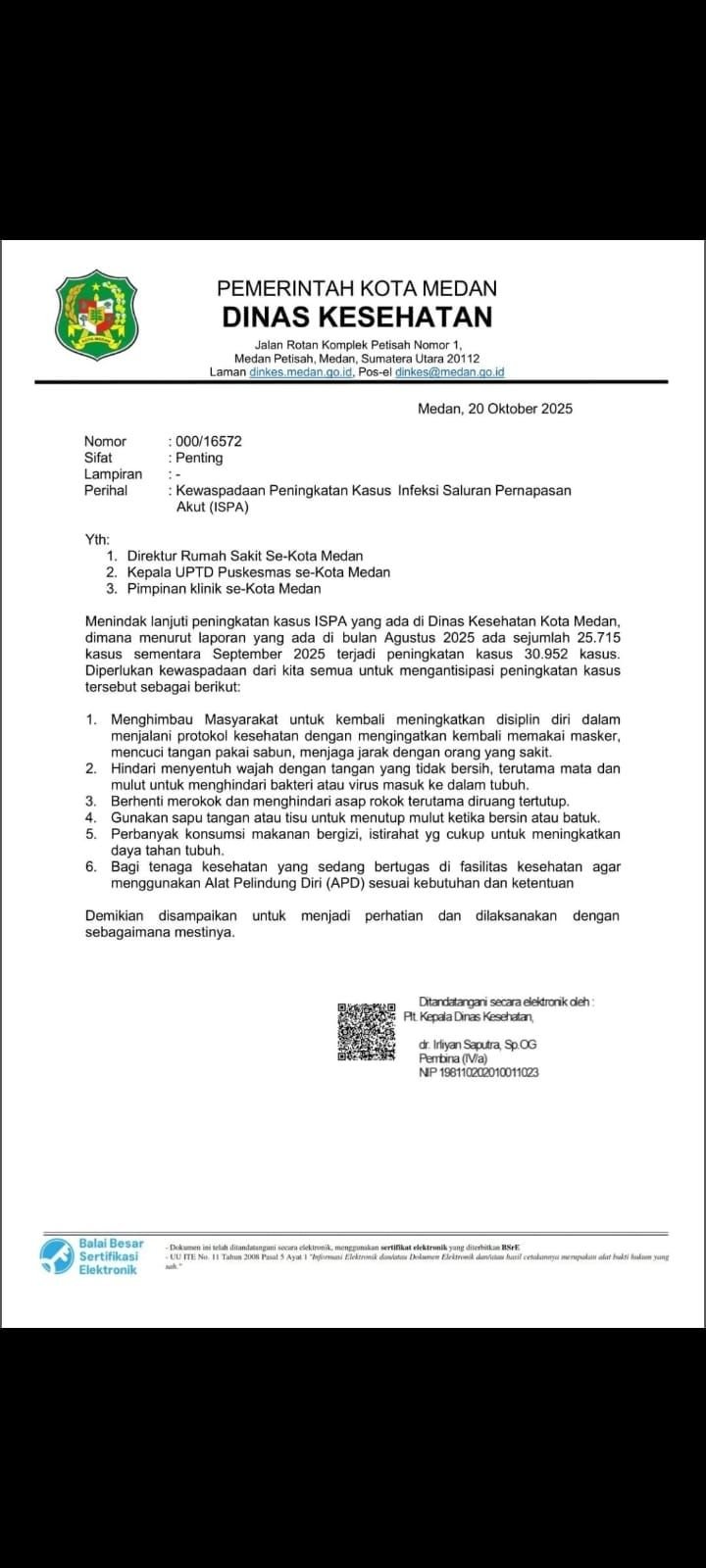 Dinas Kesehatan Medan Imbau Warga Waspadai Lonjakan Kasus ISPA
