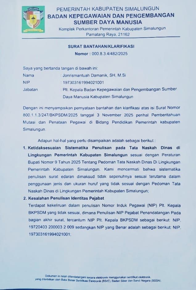 Menanggapi Isu Surat Edaran Palsu di BKPSDM Kabupaten Simalungun, Ini Sanggahan Plt. Kepala BKPSDM