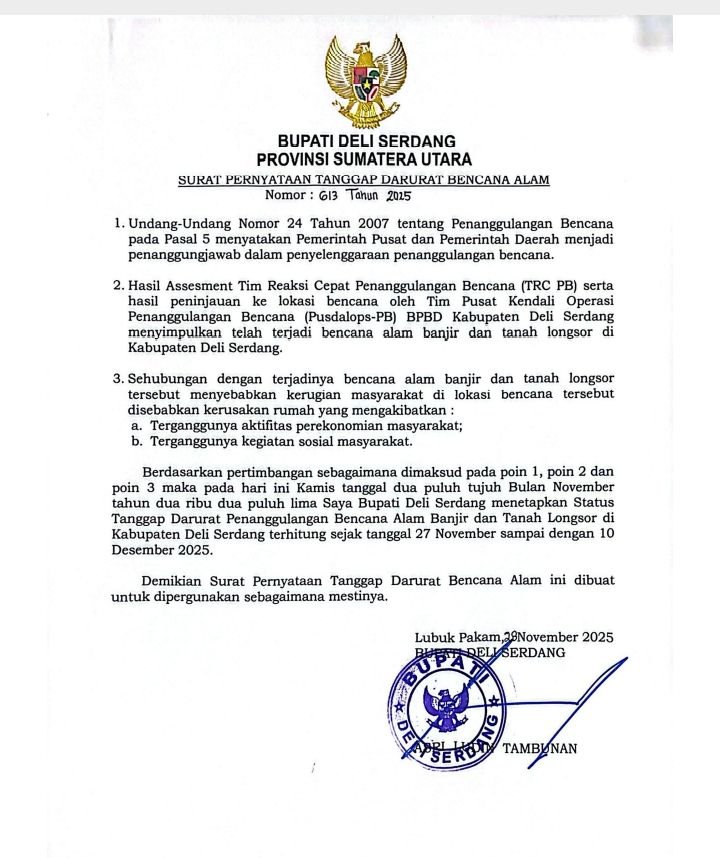 Bupati Deli Serdang Tetapkan Status Tanggap Darurat Selama 14 Hari