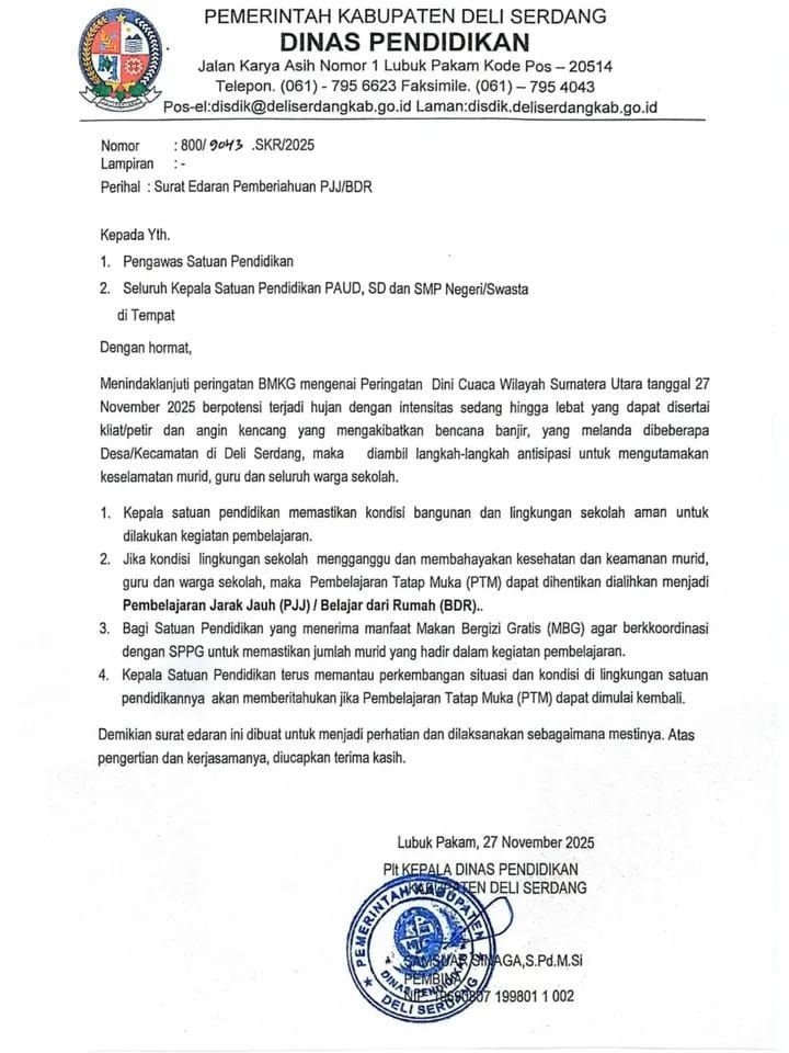 Dinas Pendidikan Deli Serdang Terbitkan Surat Edaran: Sekolah Dialihkan ke PJJ/BDR Jika Cuaca Ekstrem Membahayakan