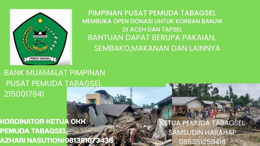 Pemuda Tabagsel Buka Donasi untuk Korban Banjir di Aceh dan Tapanuli Selatan