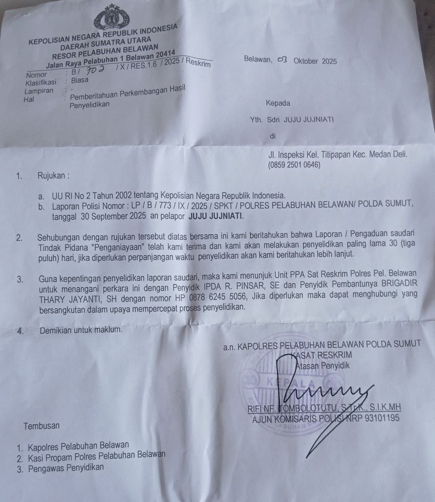 Wanita Korban Penganiayaan Petrus Minta Penyidik Unit PPA Polres Pelabuhan Belawan Profesional