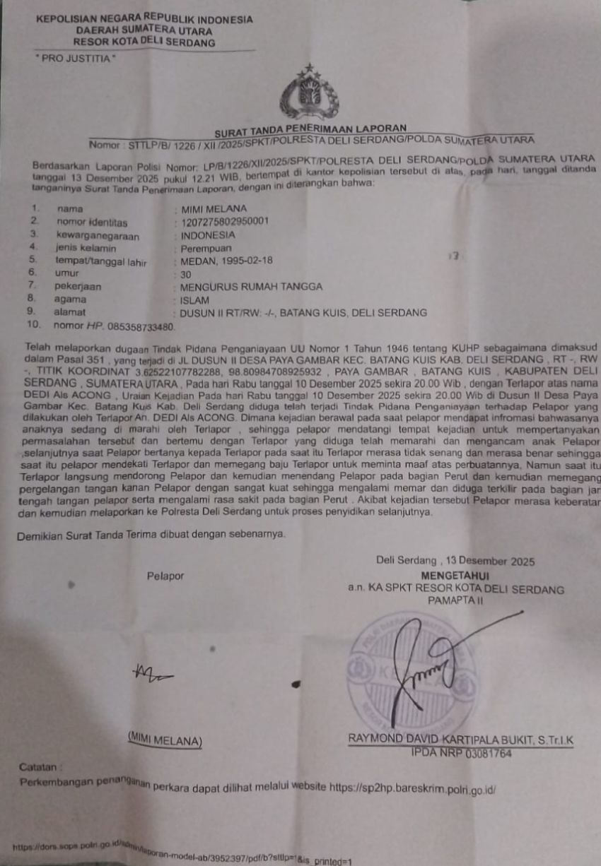 Sebulan Berlalu, Laporan Dugaan Penganiayaan di Batang Kuis Belum Ditindak Lanjuti Polresta Deli Serdang