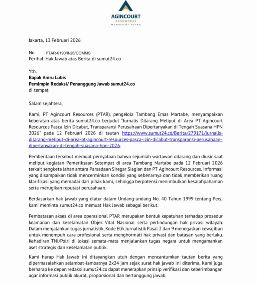 Hak Jawab: PT Agincourt Resources Klarifikasi Isu Pelarangan Jurnalis