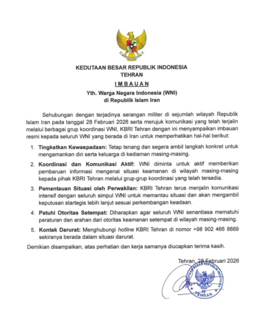 KBRI Teheran Keluarkan Imbauan Resmi, WNI di Iran Diminta Tingkatkan Kewaspadaan