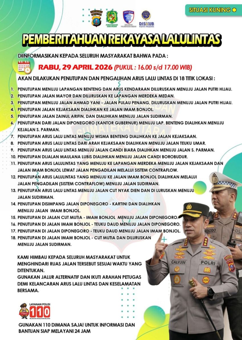 Rekayasa Lalu Lintas di Medan 29 April 2026, 18 Titik Jalan Ditutup Sementara