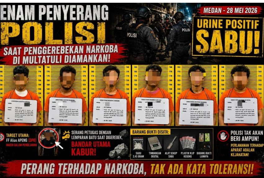 Enam Penyerang Polisi Saat Penggerebekan Narkoba di Multatuli Diamankan, Urine Positif Sabu