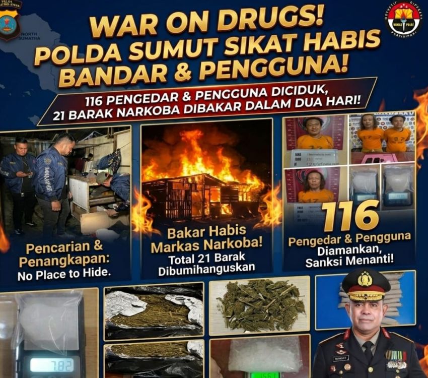 116 Pengedar dan Pengguna Narkoba Diciduk, Polda Sumut Bakar 21 Barak Narkoba dalam Dua Hari