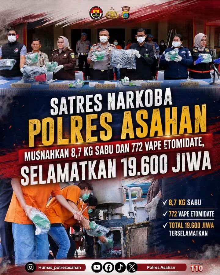 Satres Narkoba Polres Asahan Musnahkan 8,7 Kg Sabu dan 772 Vape Etomidate, Selamatkan 19.600 Jiwa