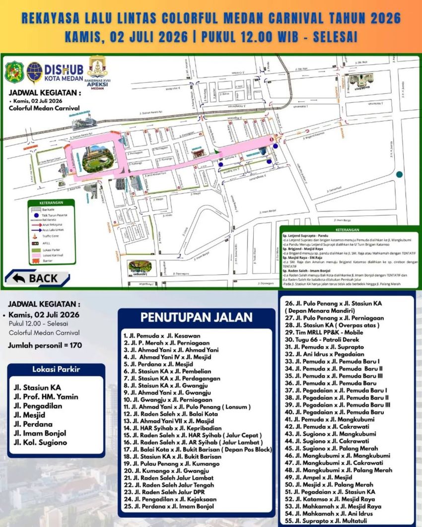 Siang Ini, 55 Ruas Jalan Protokol di Medan Ditutup Total Imbas Colorful Medan Carnival 2026