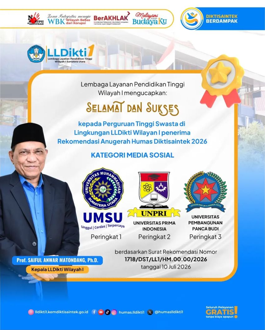 UNPAB Raih Peringkat 3 Anugerah Humas Diktisaintek 2026 Kategori Media Sosial Tingkat LLDikti Wilayah I