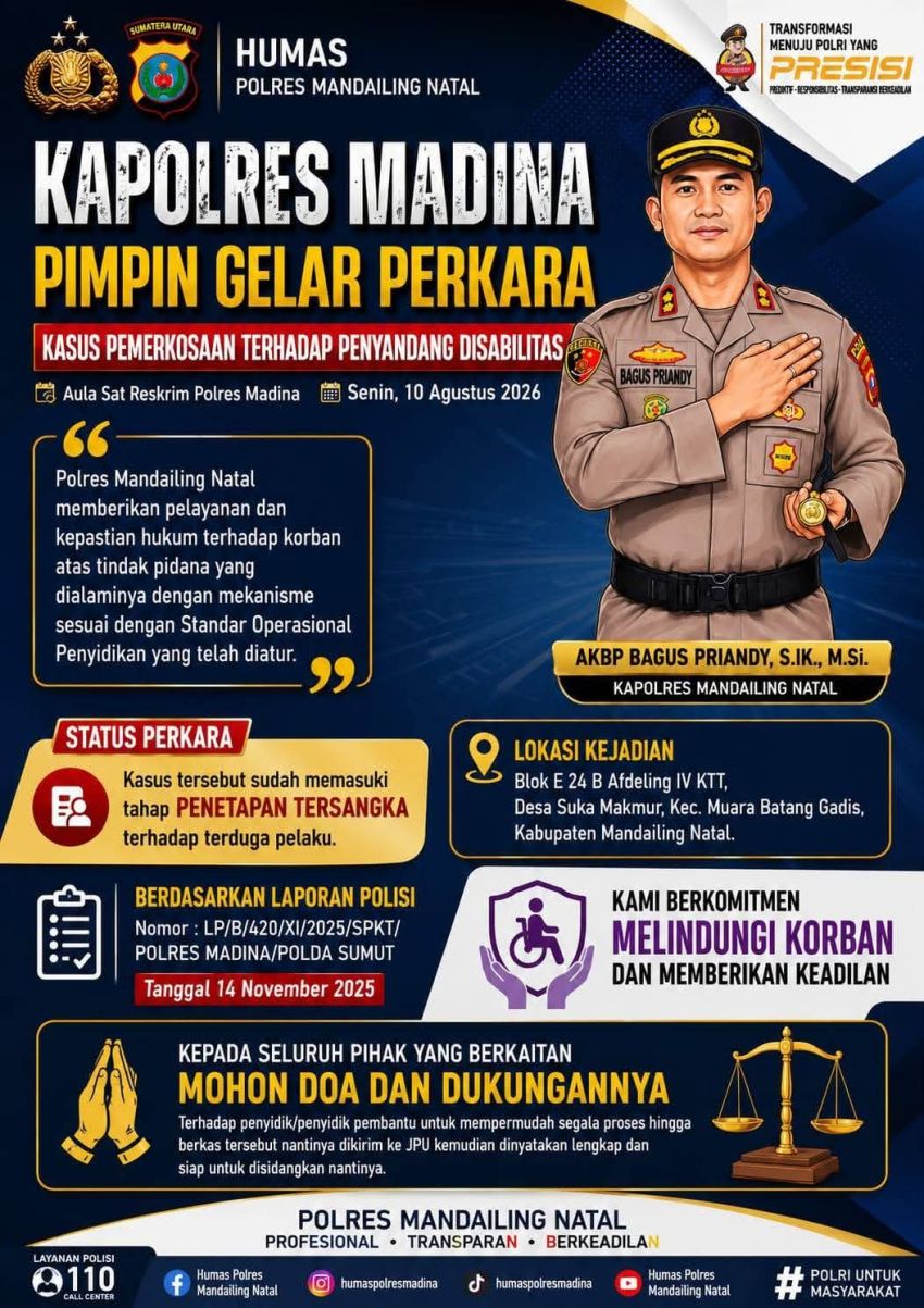 Kasus Dugaan Tindak Pidana terhadap Penyandang Disabilitas di Madina Masuk Tahap Penetapan Tersangka