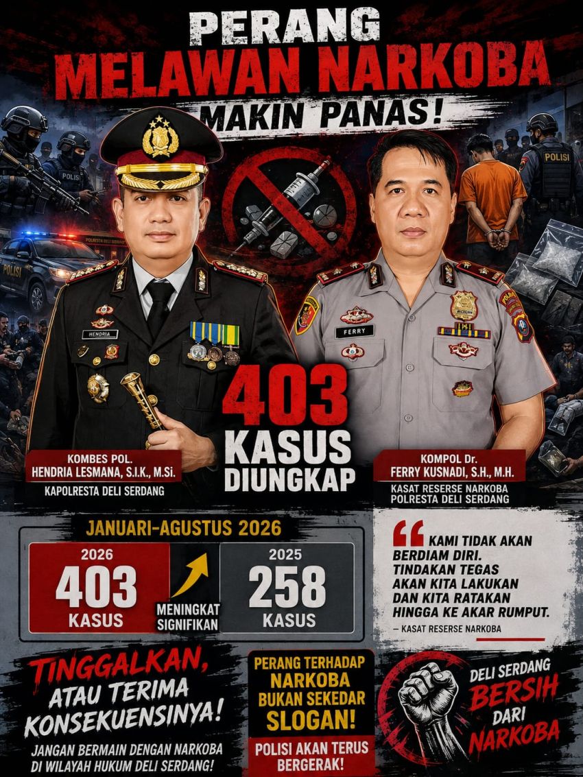 Perang Melawan Narkoba Makin Panas, 403 Kasus Diungkap Polresta Deli Serdang Januari&ndash;Agustus 2026
