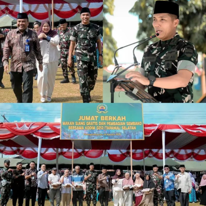 Kodim 0212/Tapsel Gelar Jumat Berkah, Bagikan Makan Gratis dan Sembako, Dandim Letkol Inf Dedi Harnoto: TNI Harus Hadir dan Bermanfaat bagi Rakyat