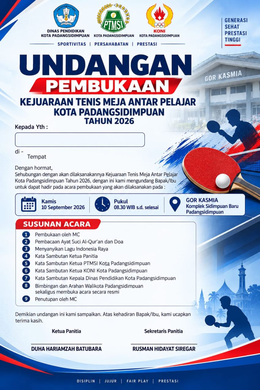 Kejuaraan Tenis Meja Antar Pelajar Padangsidimpuan 2026 Digelar, PTMSI Dorong Lahirnya Bibit Atlet Muda